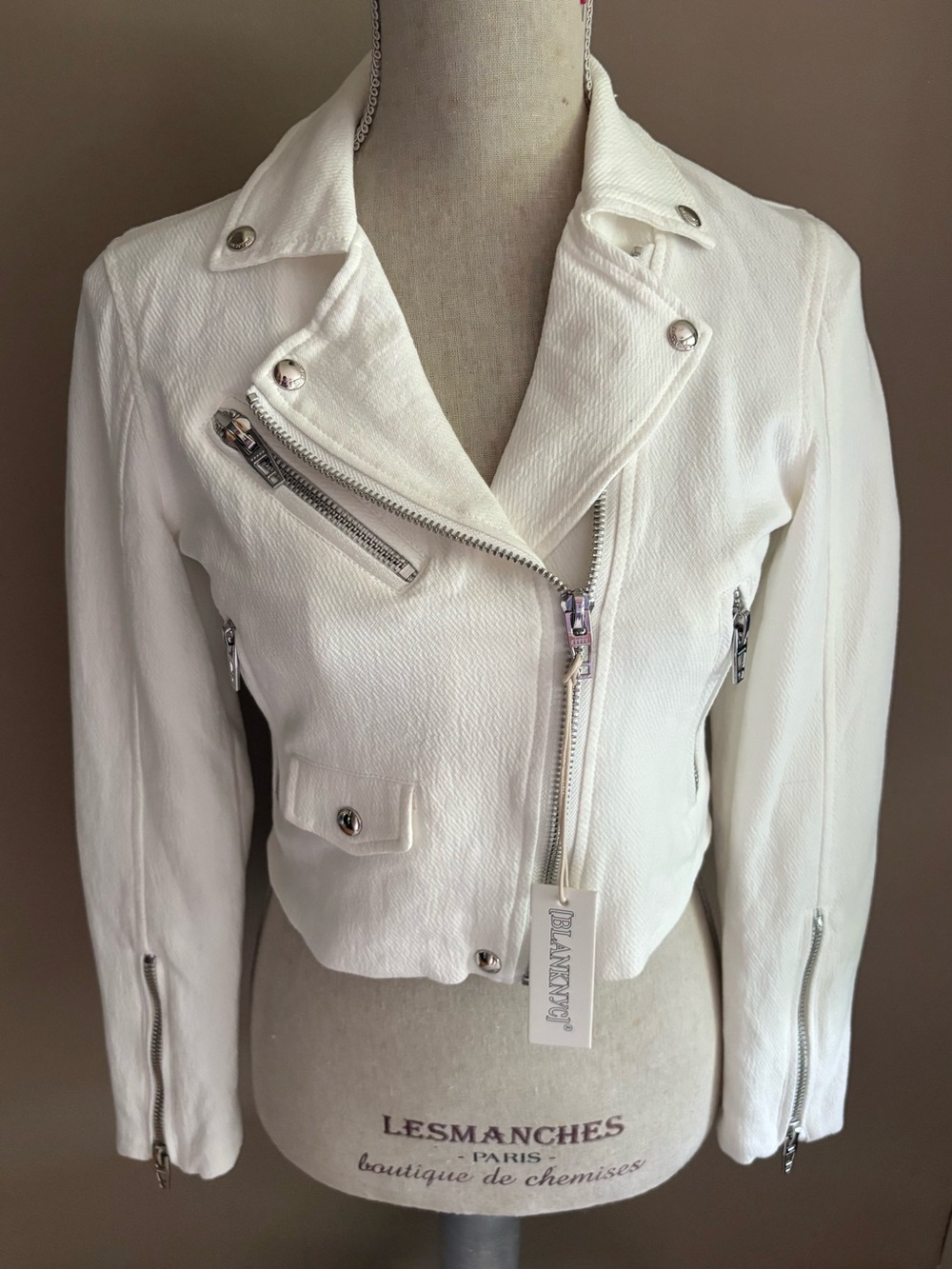 BLANKNYC White Pure Motivation Crepe Moto Jacket Asymmetric Zip Cropped Size XS